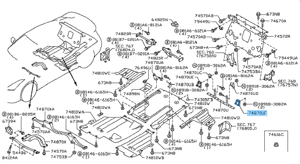 Nissan undertray bracket - Exhaust LH